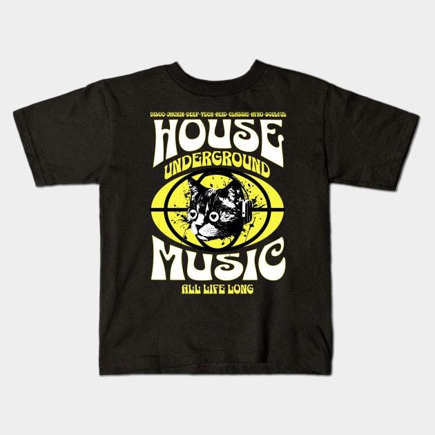 HOUSE MUSIC  - Underground Cat (White/Yellow) Kids T-Shirt by DISCOTHREADZ 